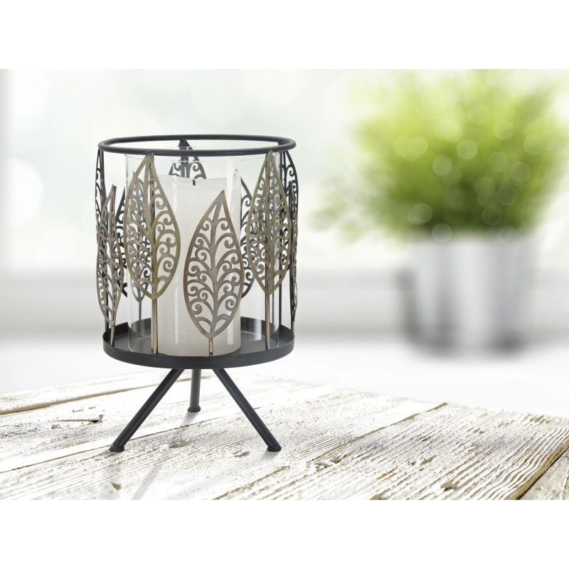 Grand Photophore sur pied original Feuilles Hauteur 24 cm en Verre Transparent Métal Noir Argenté Cyran 
