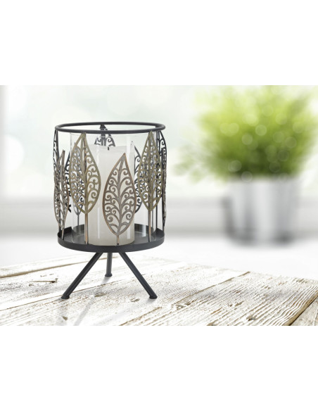 Grand Photophore sur pied original Feuilles Hauteur 24 cm en Verre Transparent Métal Noir Argenté Cyran 