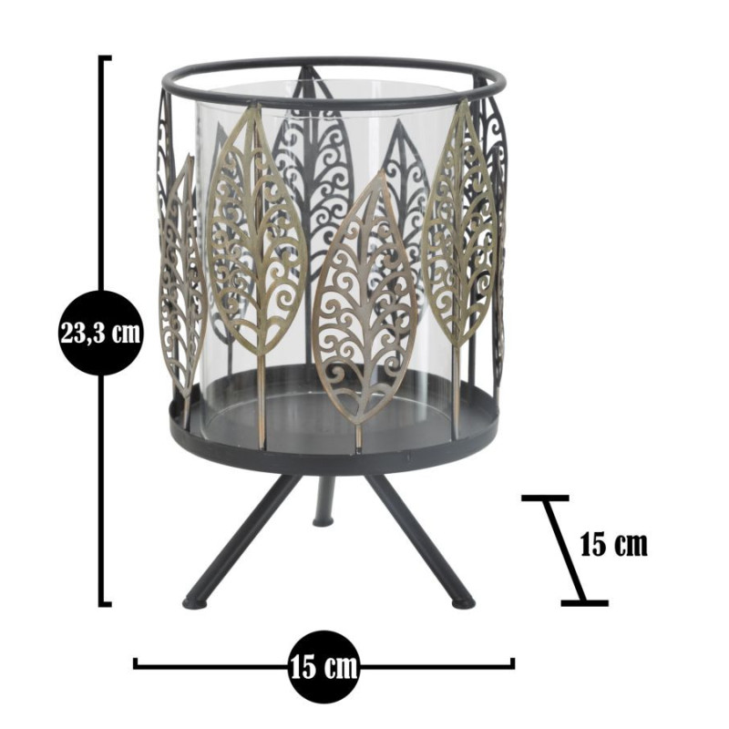 Grand Photophore sur pied original Feuilles Hauteur 24 cm en Verre Transparent Métal Noir Argenté Cyran 