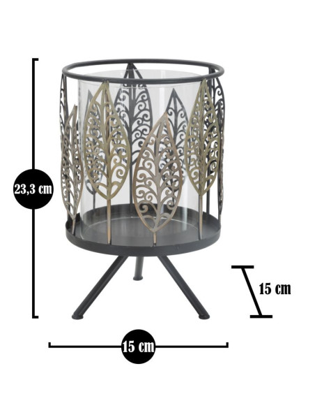Grand Photophore sur pied original Feuilles Hauteur 24 cm en Verre Transparent Métal Noir Argenté Cyran 