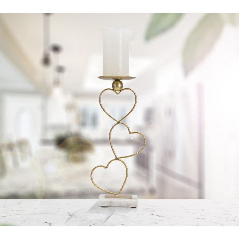Grand bougeoir original Coeur Hauteur 32 cm en Métal Doré Marbre Blanc Yalor 