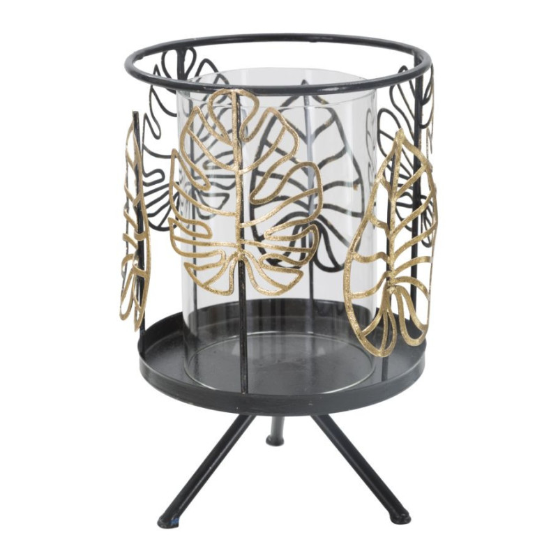 Grand Photophore sur pied original Feuilles Hauteur 23 cm en Verre Transparent Métal Noir Doré Nolya 