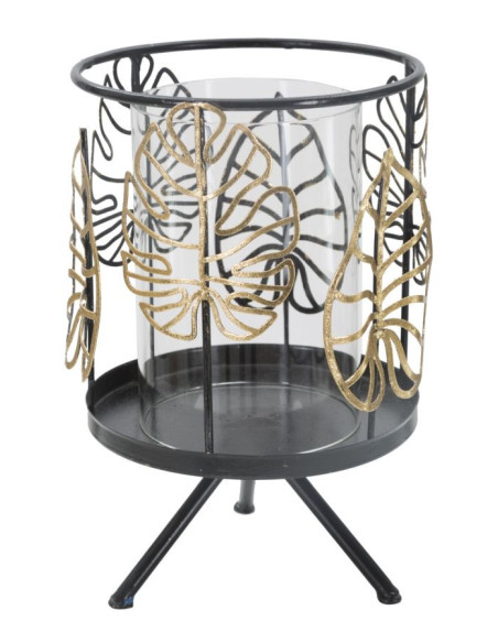 Grand Photophore sur pied original Feuilles Hauteur 23 cm en Verre Transparent Métal Noir Doré Nolya 