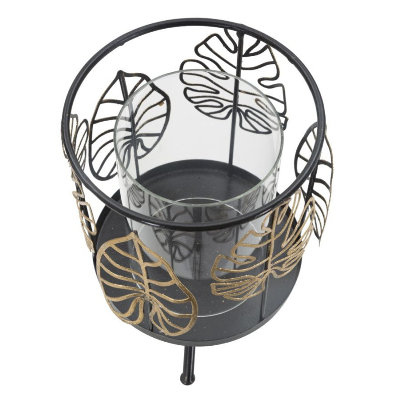 Grand Photophore sur pied original Feuilles Hauteur 23 cm en Verre Transparent Métal Noir Doré Nolya 
