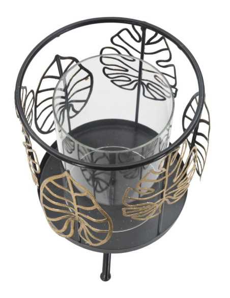 Grand Photophore sur pied original Feuilles Hauteur 23 cm en Verre Transparent Métal Noir Doré Nolya 