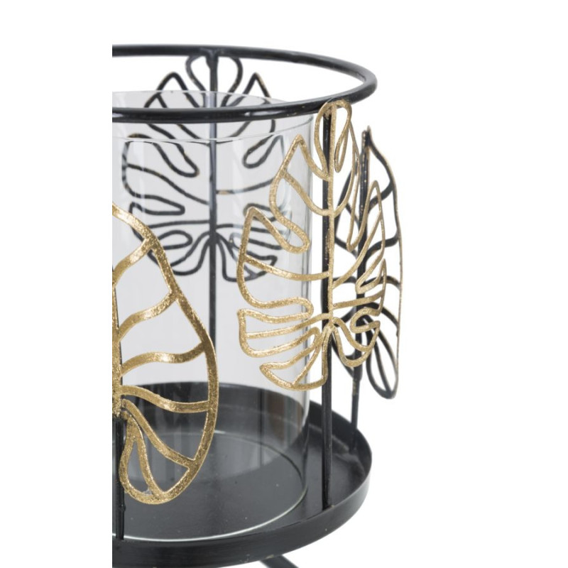 Grand Photophore sur pied original Feuilles Hauteur 23 cm en Verre Transparent Métal Noir Doré Nolya 