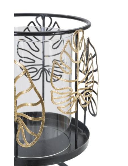 Grand Photophore sur pied original Feuilles Hauteur 23 cm en Verre Transparent Métal Noir Doré Nolya 