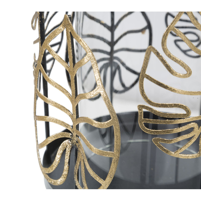 Grand Photophore sur pied original Feuilles Hauteur 23 cm en Verre Transparent Métal Noir Doré Nolya 