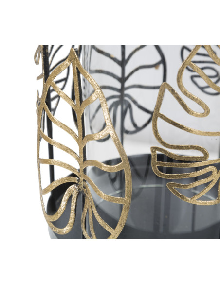 Grand Photophore sur pied original Feuilles Hauteur 23 cm en Verre Transparent Métal Noir Doré Nolya 