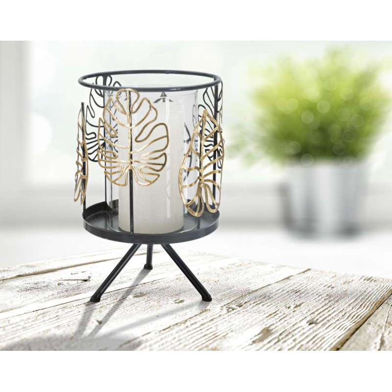Grand Photophore sur pied original Feuilles Hauteur 23 cm en Verre Transparent Métal Noir Doré Nolya 