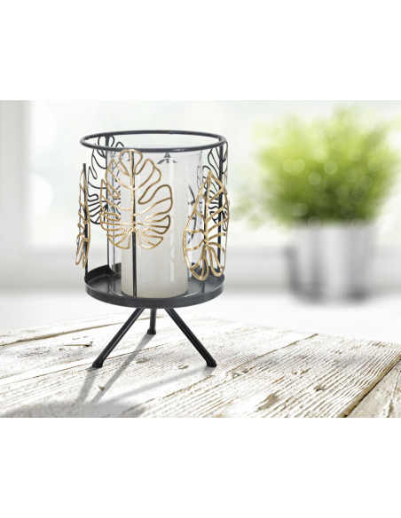 Grand Photophore sur pied original Feuilles Hauteur 23 cm en Verre Transparent Métal Noir Doré Nolya 