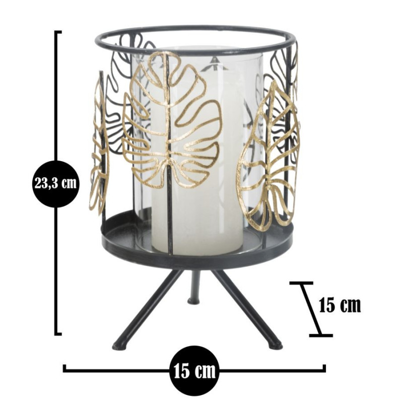 Grand Photophore sur pied original Feuilles Hauteur 23 cm en Verre Transparent Métal Noir Doré Nolya 