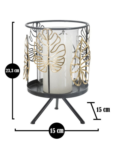 Grand Photophore sur pied original Feuilles Hauteur 23 cm en Verre Transparent Métal Noir Doré Nolya 