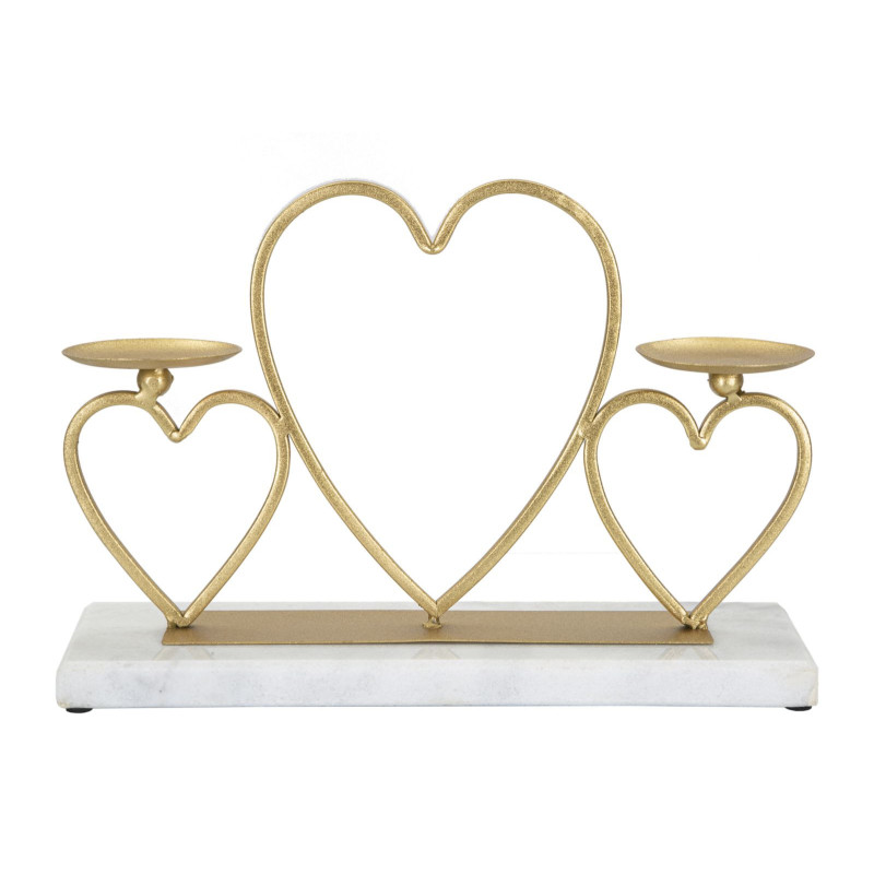 Bougeoir original 2 bougies Coeurs 30 cm en Métal Doré Marbre Blanc Volia 