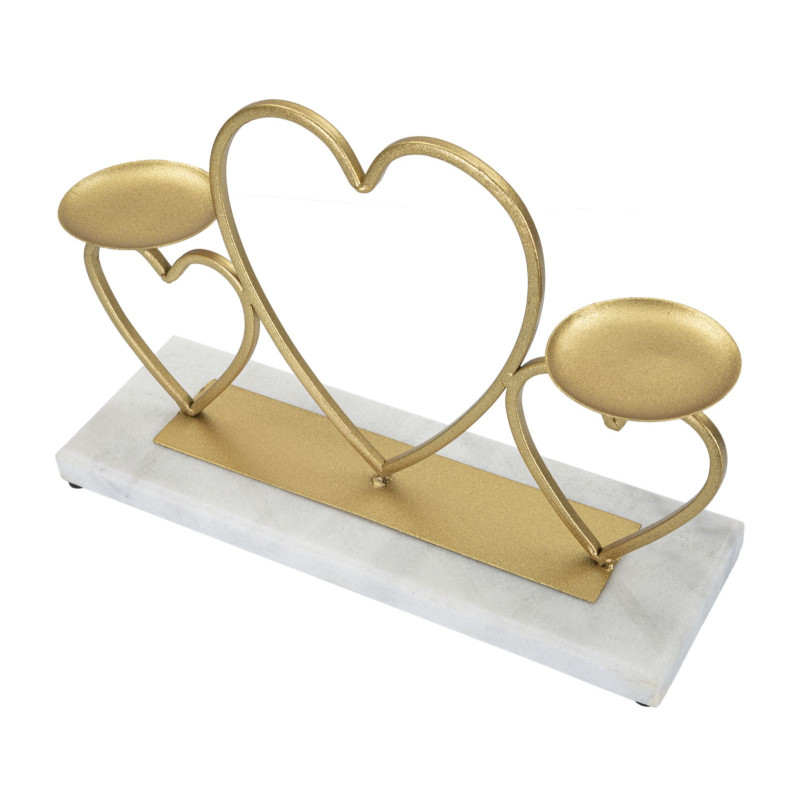 Bougeoir original 2 bougies Coeurs 30 cm en Métal Doré Marbre Blanc Volia 