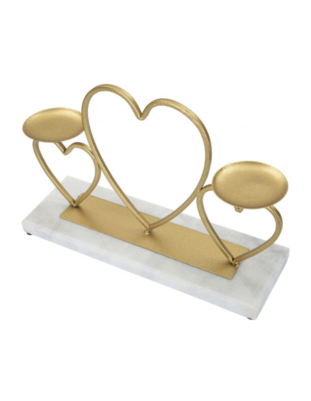 Bougeoir original 2 bougies Coeurs 30 cm en Métal Doré Marbre Blanc Volia 