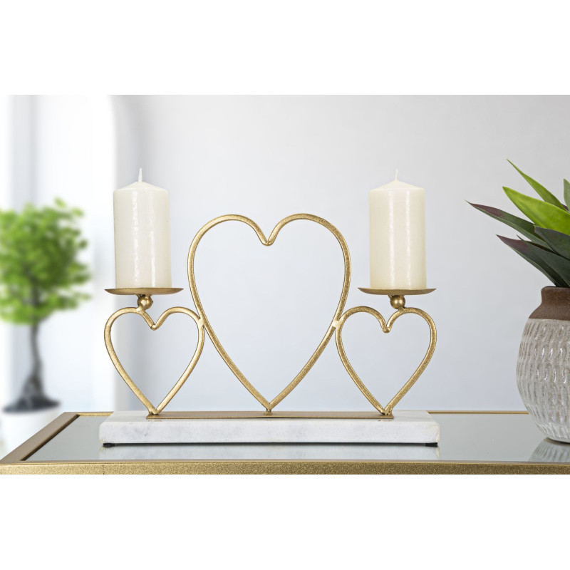 Bougeoir original 2 bougies Coeurs 30 cm en Métal Doré Marbre Blanc Volia 
