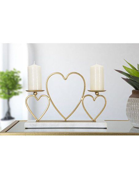 Bougeoir original 2 bougies Coeurs 30 cm en Métal Doré Marbre Blanc Volia 