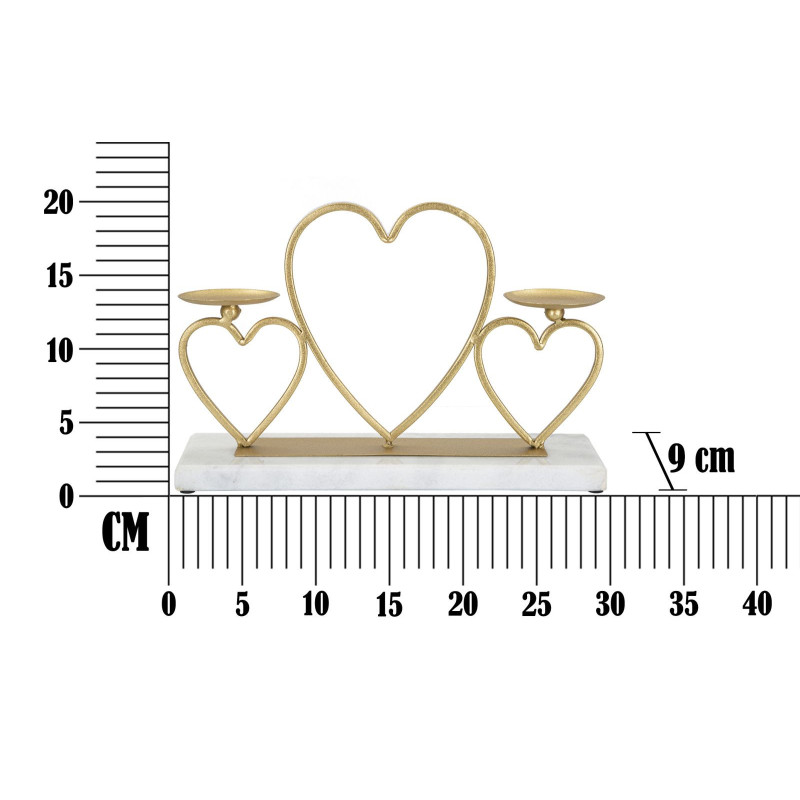 Bougeoir original 2 bougies Coeurs 30 cm en Métal Doré Marbre Blanc Volia 