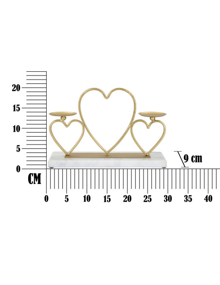 Bougeoir original 2 bougies Coeurs 30 cm en Métal Doré Marbre Blanc Volia 