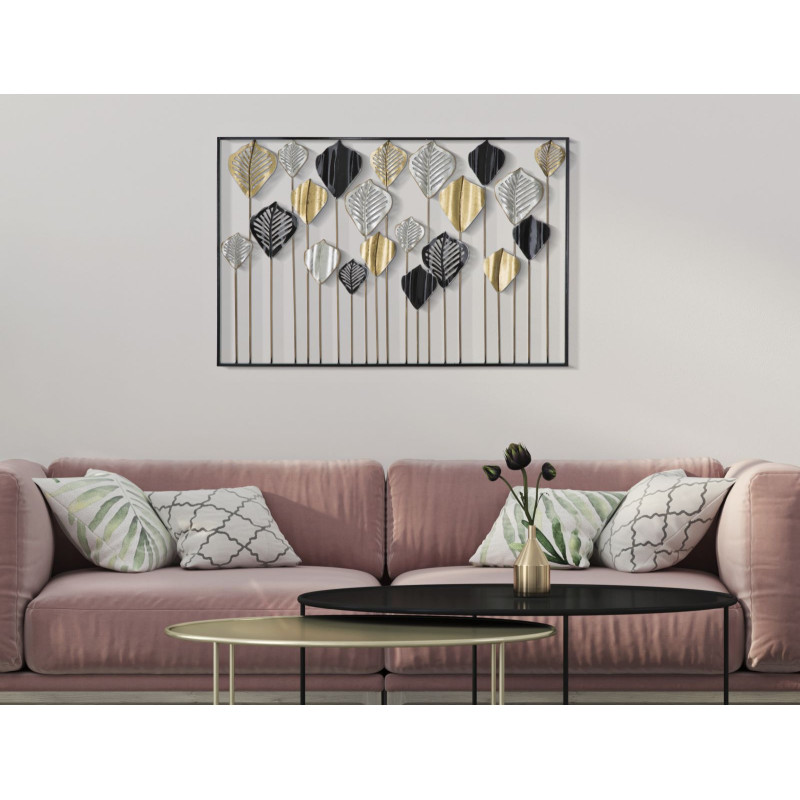 Grande Déco murale Feuilles sur tiges 120x78 en Métal Noir Doré Argenté Ylina 