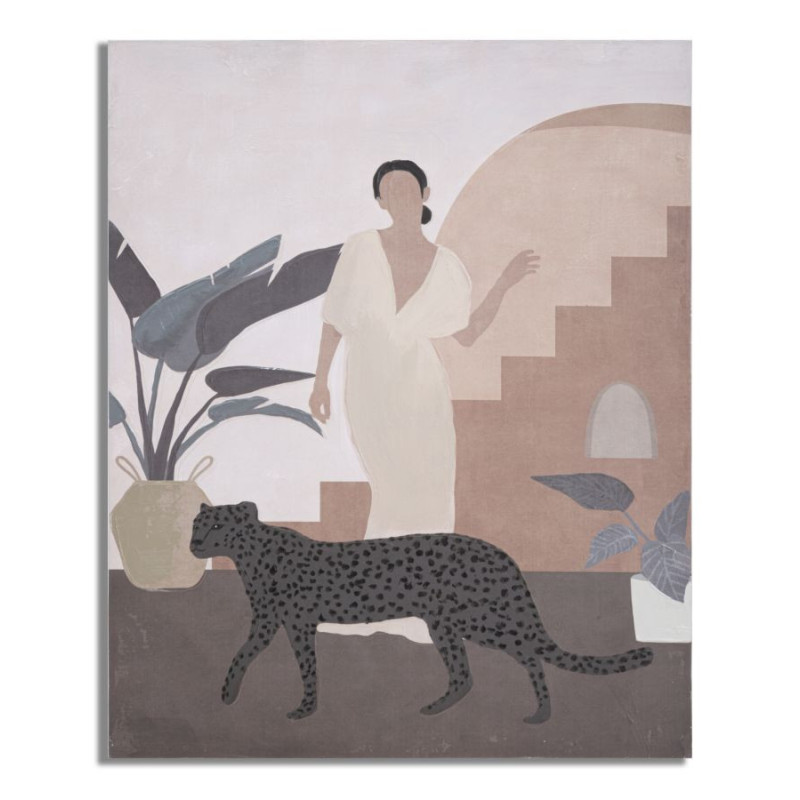 Toile murale peinte Femme avec léopard Beige Marron 80x100 Lady C 