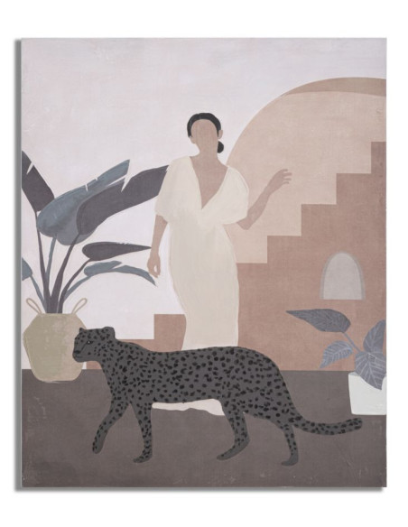 Toile murale peinte Femme avec léopard Beige Marron 80x100 Lady C 