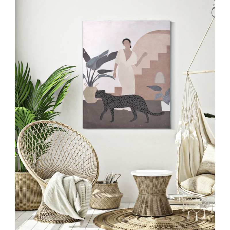 Toile murale peinte Femme avec léopard Beige Marron 80x100 Lady C 