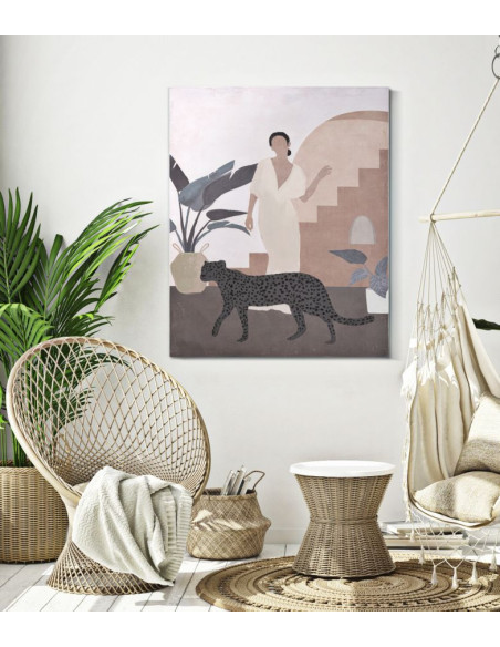 Toile murale peinte Femme avec léopard Beige Marron 80x100 Lady C 