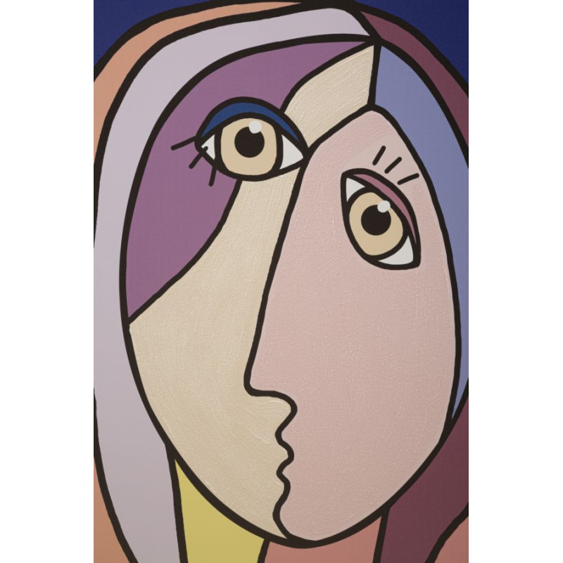 Toile murale imprimée et peinte Visages abstraits Bleu Beige Jaune 80x120 Faces 