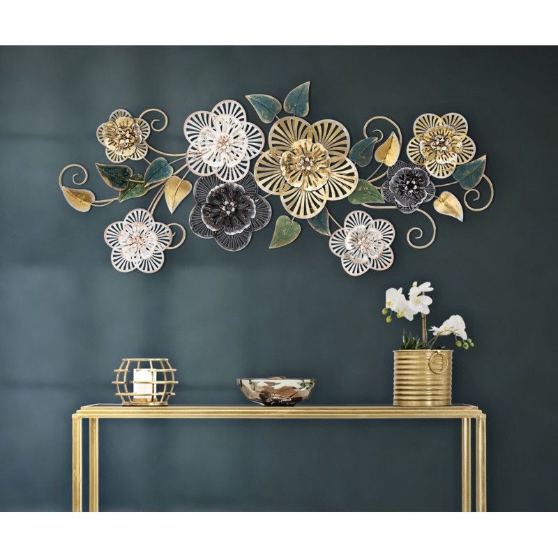 Grande déco murale moderne Fleurs 118x58 en Métal Doré Noir Vert Rylin 