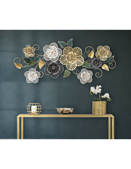 Grande déco murale moderne Fleurs 118x58 en Métal Doré Noir Vert Rylin 