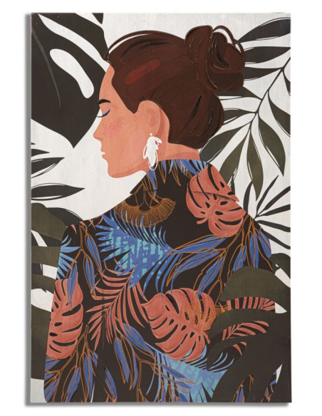 Toile murale imprimée et peinte Femme avec feuilles Vert Beige Marron 80x120 Lady Jungle 