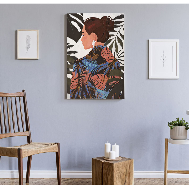 Toile murale imprimée et peinte Femme avec feuilles Vert Beige Marron 80x120 Lady Jungle 