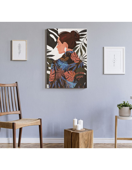 Toile murale imprimée et peinte Femme avec feuilles Vert Beige Marron 80x120 Lady Jungle 