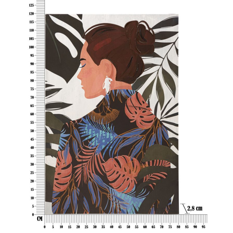 Toile murale imprimée et peinte Femme avec feuilles Vert Beige Marron 80x120 Lady Jungle 