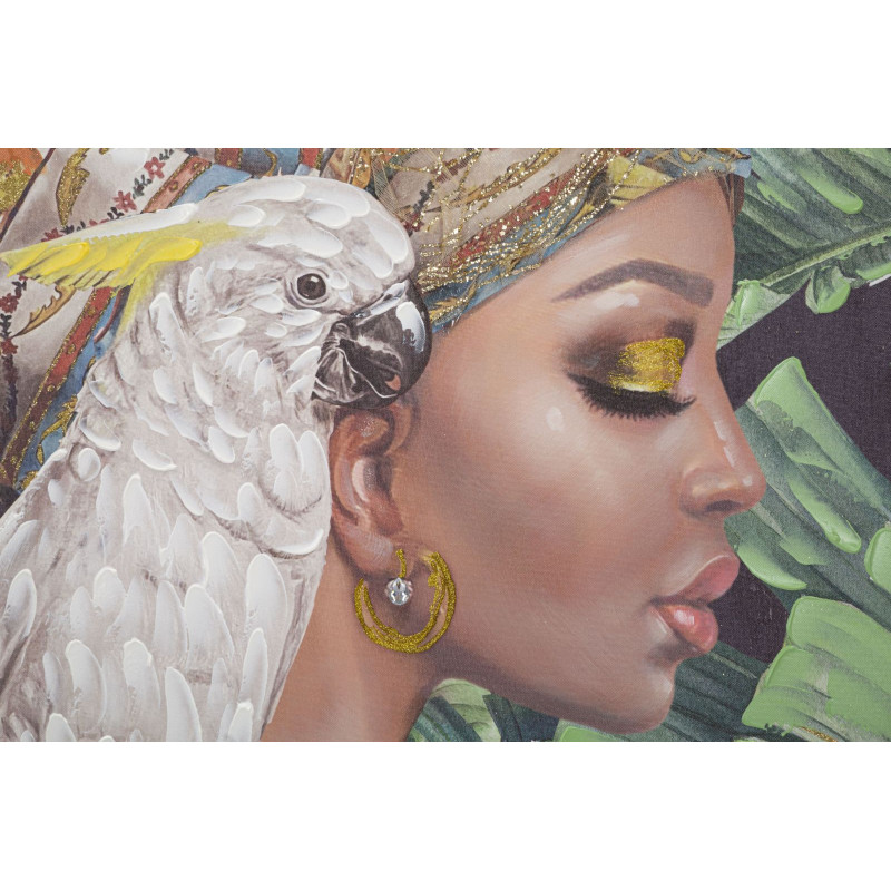 Toile murale et peinte Femme avec perroquet Vert Marron Blanc crème 90x120 Kloe 