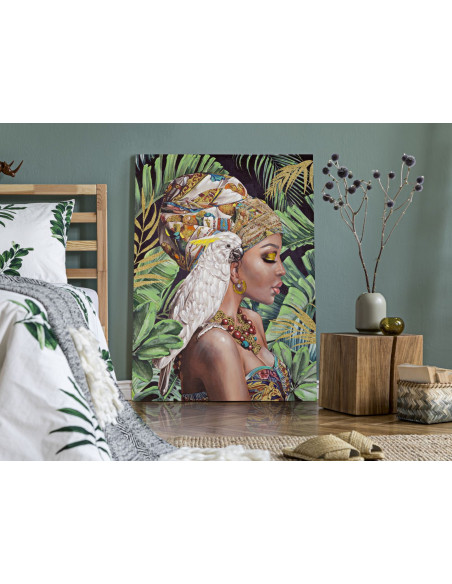 Toile murale et peinte Femme avec perroquet Vert Marron Blanc crème 90x120 Kloe 
