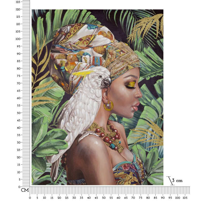 Toile murale et peinte Femme avec perroquet Vert Marron Blanc crème 90x120 Kloe 