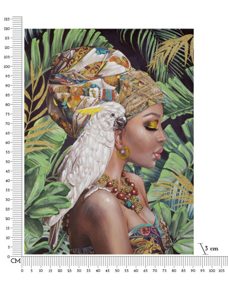 Toile murale et peinte Femme avec perroquet Vert Marron Blanc crème 90x120 Kloe 