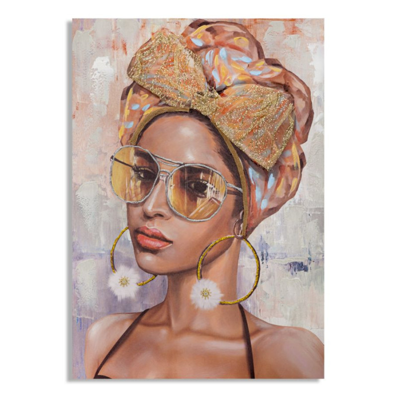 Toile murale et peinte Femme avec lunettes de soleil Beige Marron Doré 70x100 Jennifer 