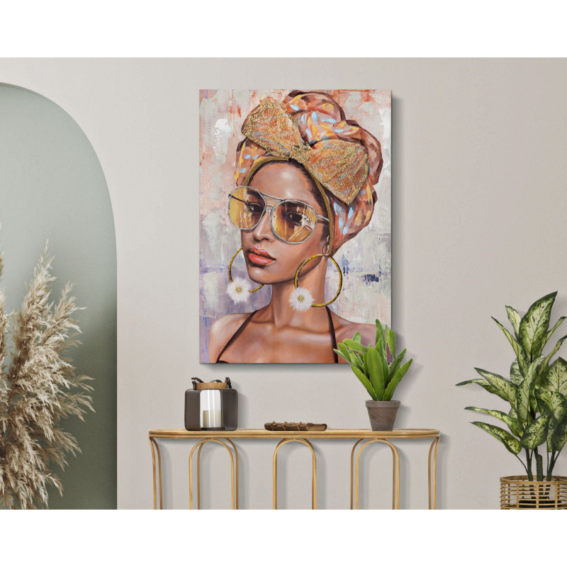 Toile murale et peinte Femme avec lunettes de soleil Beige Marron Doré 70x100 Jennifer 