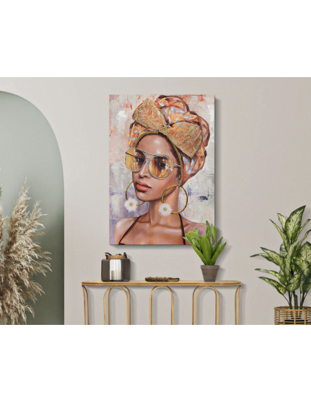 Toile murale et peinte Femme avec lunettes de soleil Beige Marron Doré 70x100 Jennifer 