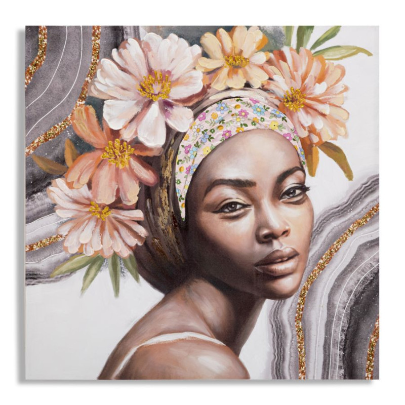 Toile murale imprimée et peinte Femme avec fleurs Rose Marron Doré 100x100 Naomi 