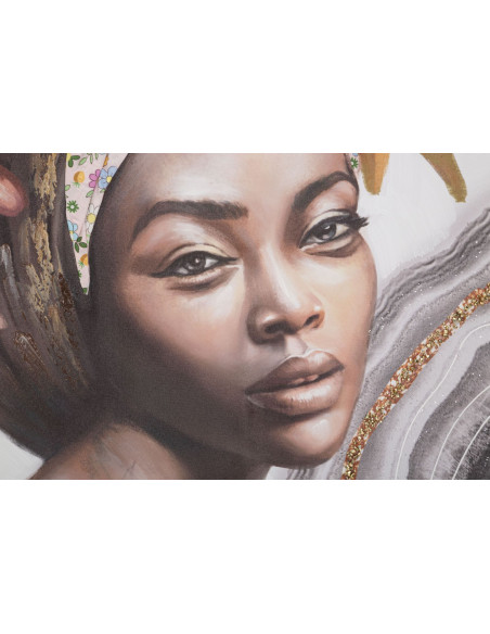 Toile murale imprimée et peinte Femme avec fleurs Rose Marron Doré 100x100 Naomi 