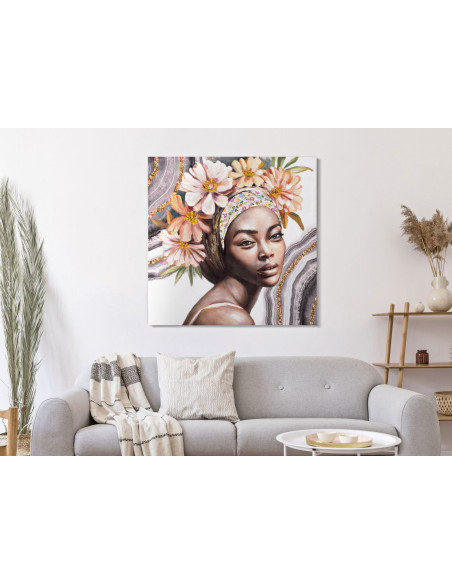 Toile murale imprimée et peinte Femme avec fleurs Rose Marron Doré 100x100 Naomi 