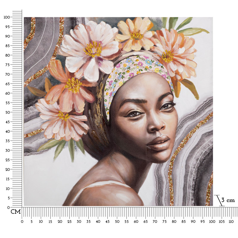 Toile murale imprimée et peinte Femme avec fleurs Rose Marron Doré 100x100 Naomi 