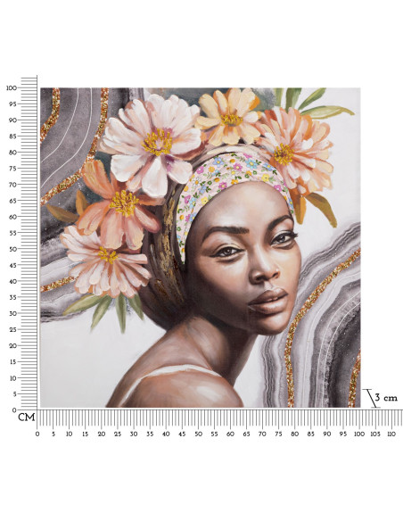 Toile murale imprimée et peinte Femme avec fleurs Rose Marron Doré 100x100 Naomi 