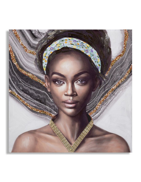 Toile murale imprimée et peinte Femme africaine Gris Marron Doré 100x100 Naomi 
