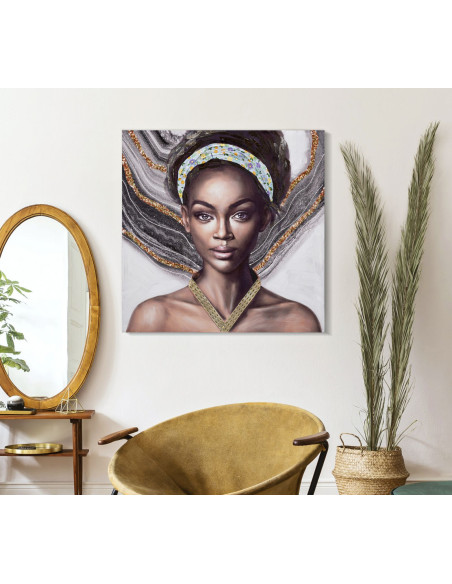 Toile murale imprimée et peinte Femme africaine Gris Marron Doré 100x100 Naomi 